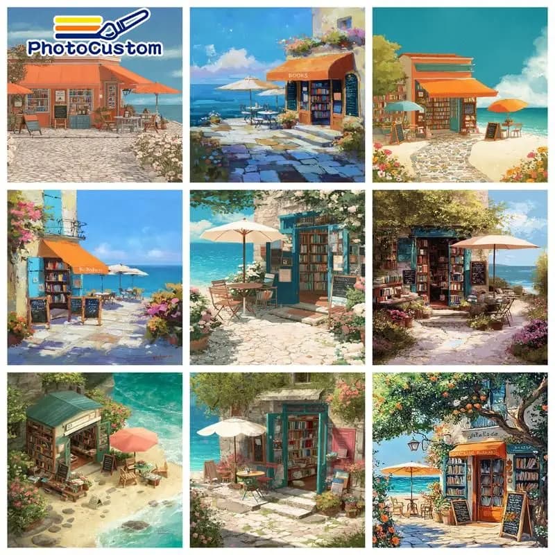 PhotoCustom Coastal Houses Painting By Numbers Acrylic Paints Landscape for Painting Hand Painting Color by Number for Beginner