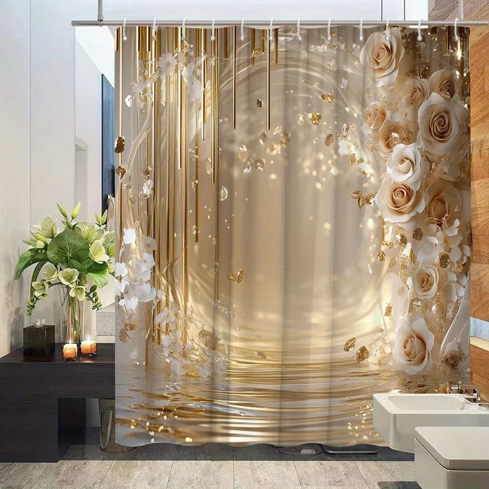Tenda da doccia rosa oro Elegante design floreale Decorazioni per il bagno di lusso Stampa 3D Tenda da bagno impermeabile Moda per la casa