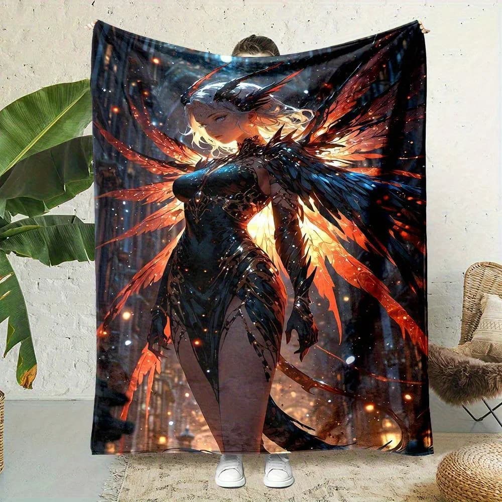 Cartoon Goddess Wings Design Pattern Flannel printed blanket suitable for all seasons suitable for living office sofa and travel