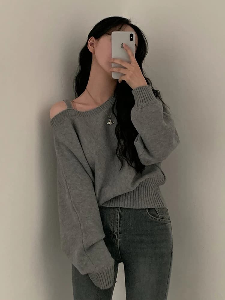Maglione da donna in stile coreano lavorato a maglia con maniche a pipistrello, spalle scoperte, vita alta, effetto snellente, autunno inverno, con design intelligente e innovativo