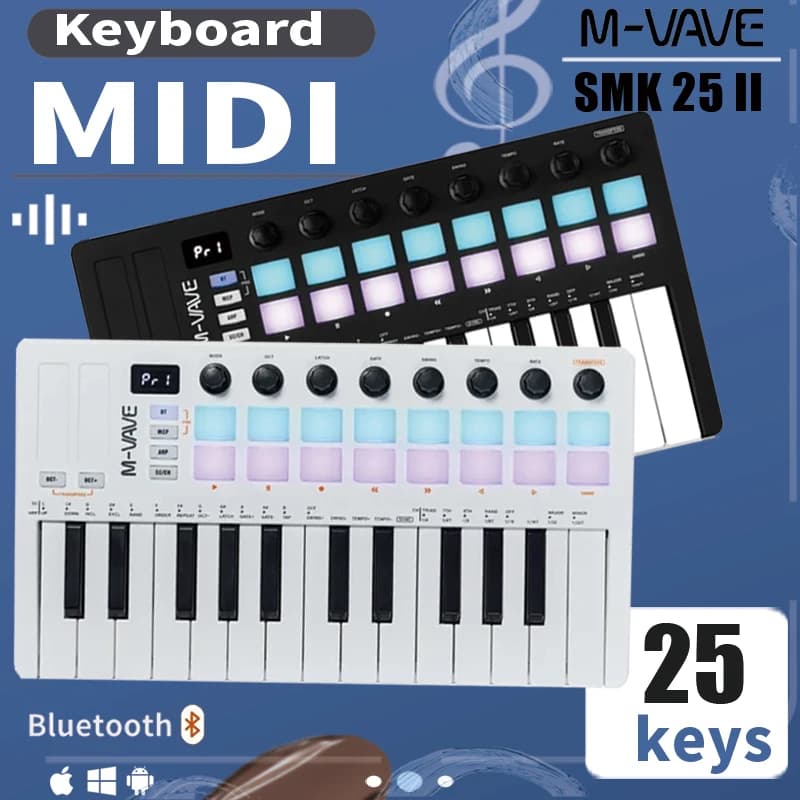 M-VAVE SMK-25 II MIDI Keyboard Controller – 25 Keys, 16 RGB Drum Pads, 8 Knobs, USB & DAW Software for Music Production