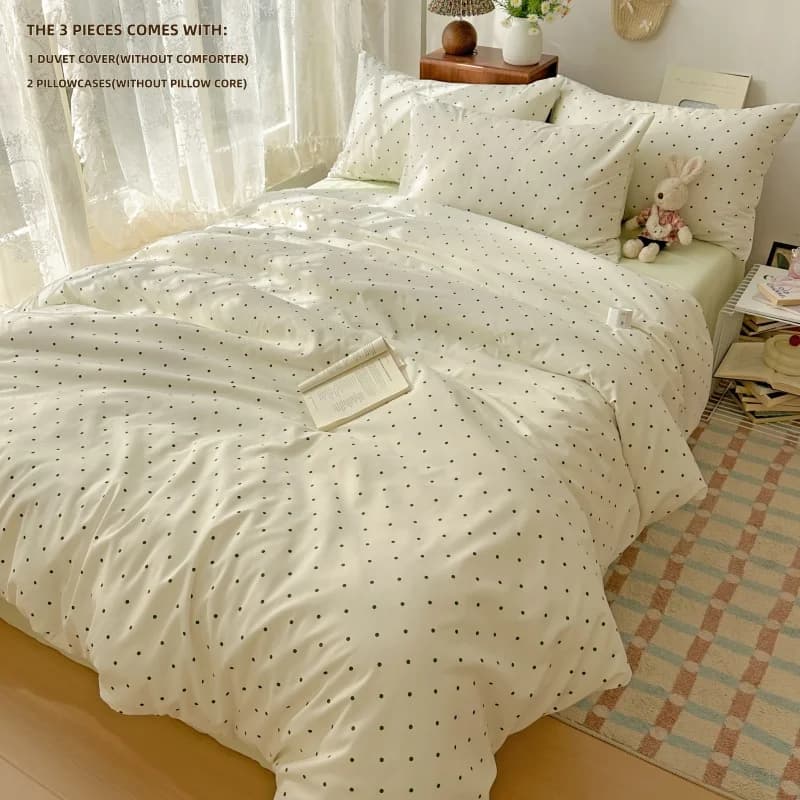 Set copripiumino verde/nero a pois (1 copripiumino + 2 federe, senza imbottitura), set biancheria da letto