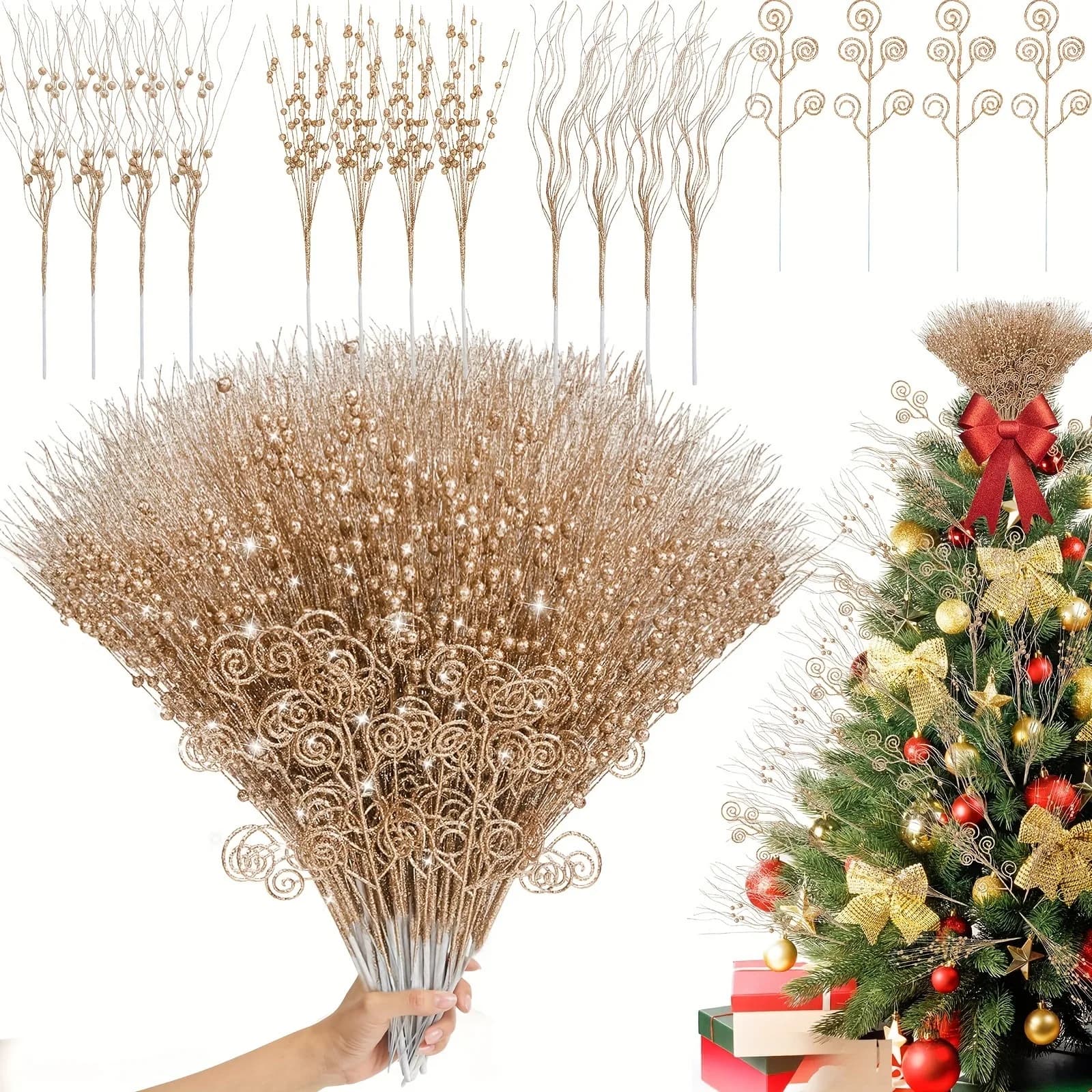 8/16 pezzi glitter fiori artificiali bouquet di bacche ornamenti per l'albero di Natale per la decorazione della stanza di casa capodanno 2026 accessori regalo fai da te