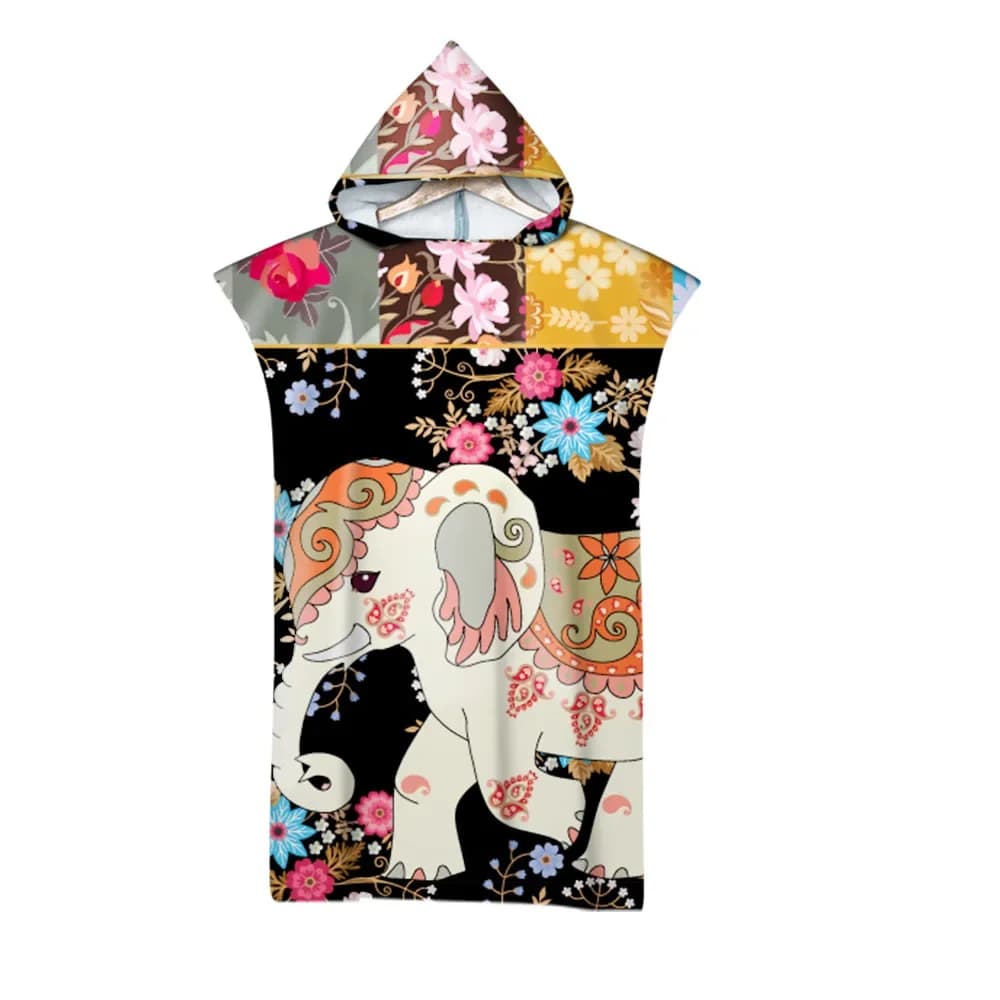 Hooded Bath Towel Robe Poncho Swimming Beach Towel Surf Man Lady Fast Quick Dry Bathrobe Beachwear-Floral Elephant Owl Pattern