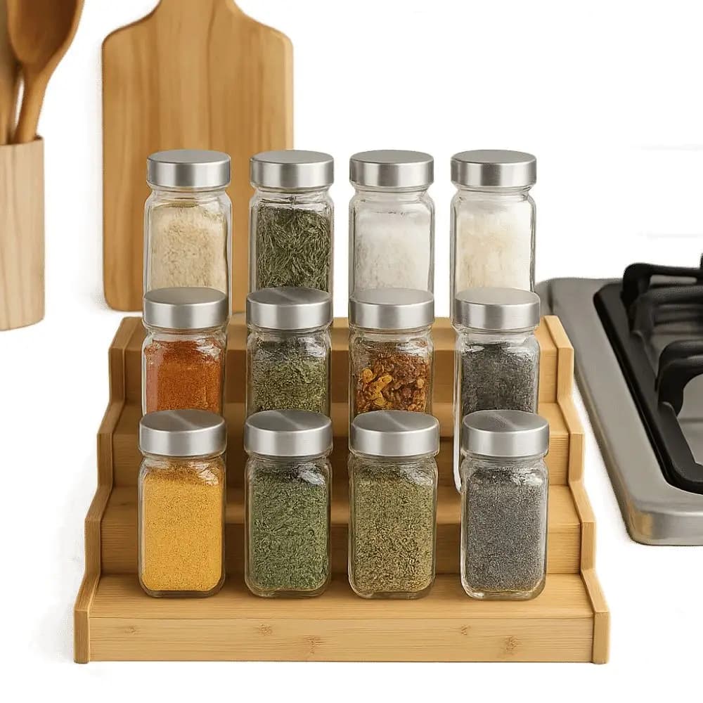 Solid Wooden 3-Tier Spice Rack Multi-Tier Spice Display Spice Jar Storage Set Durable Space-Saving Seasoning Organizer