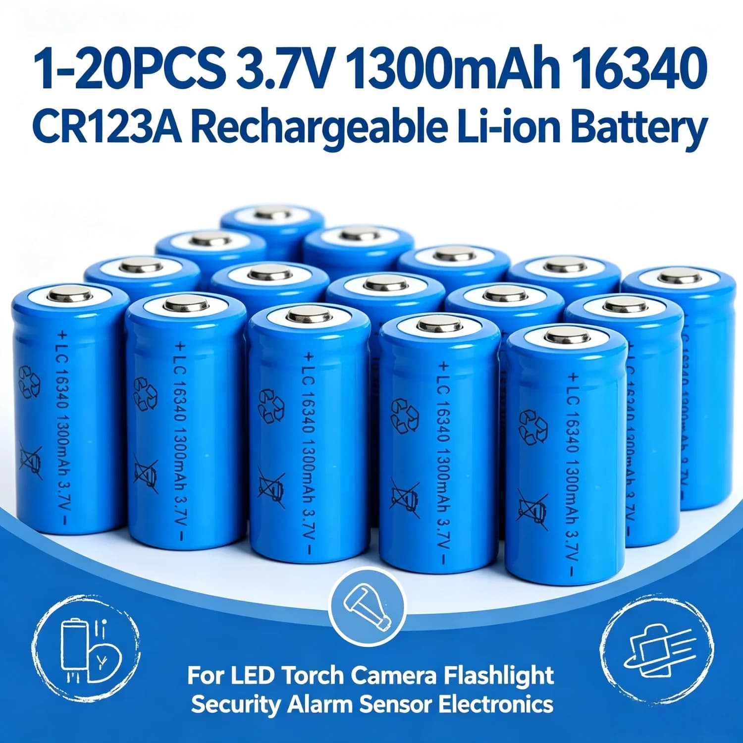 1-20PCS 3.7V 1300mAh 16340 CR123A Rechargeable Li-ion Battery for LED Torch Camera Flashlight Security Alarm Sensor Electronics