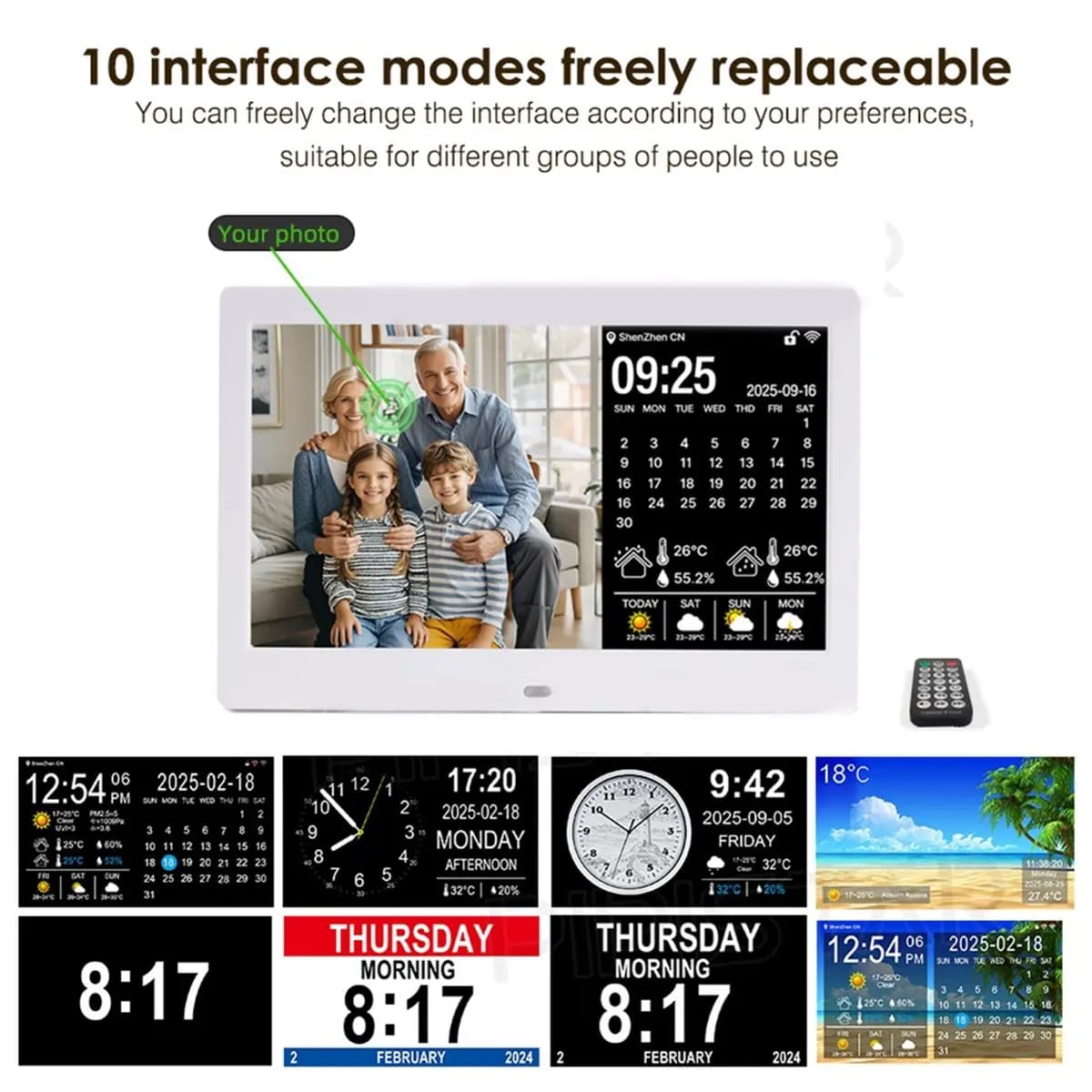10inch WIFI Calendar Dementia Clock Alarm Date Weather Forecast Smart Digital Photo Frame Wall Mounted EU Plug