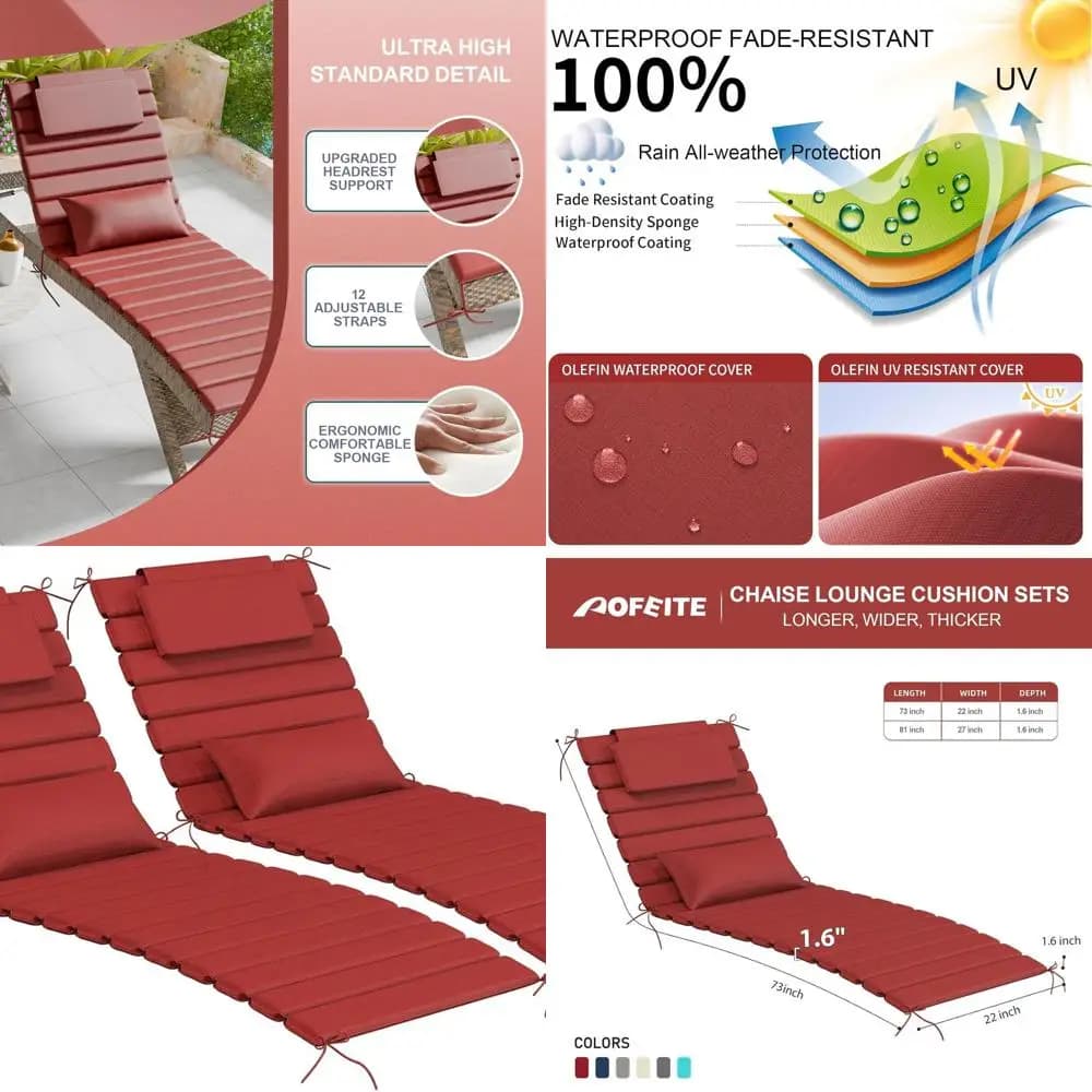 Set di cuscini per chaise longue trapuntati Olefin rossi per esterni con poggiatesta e cuscino, pieghevoli resistenti alle intemperie, 73 l x 22 l