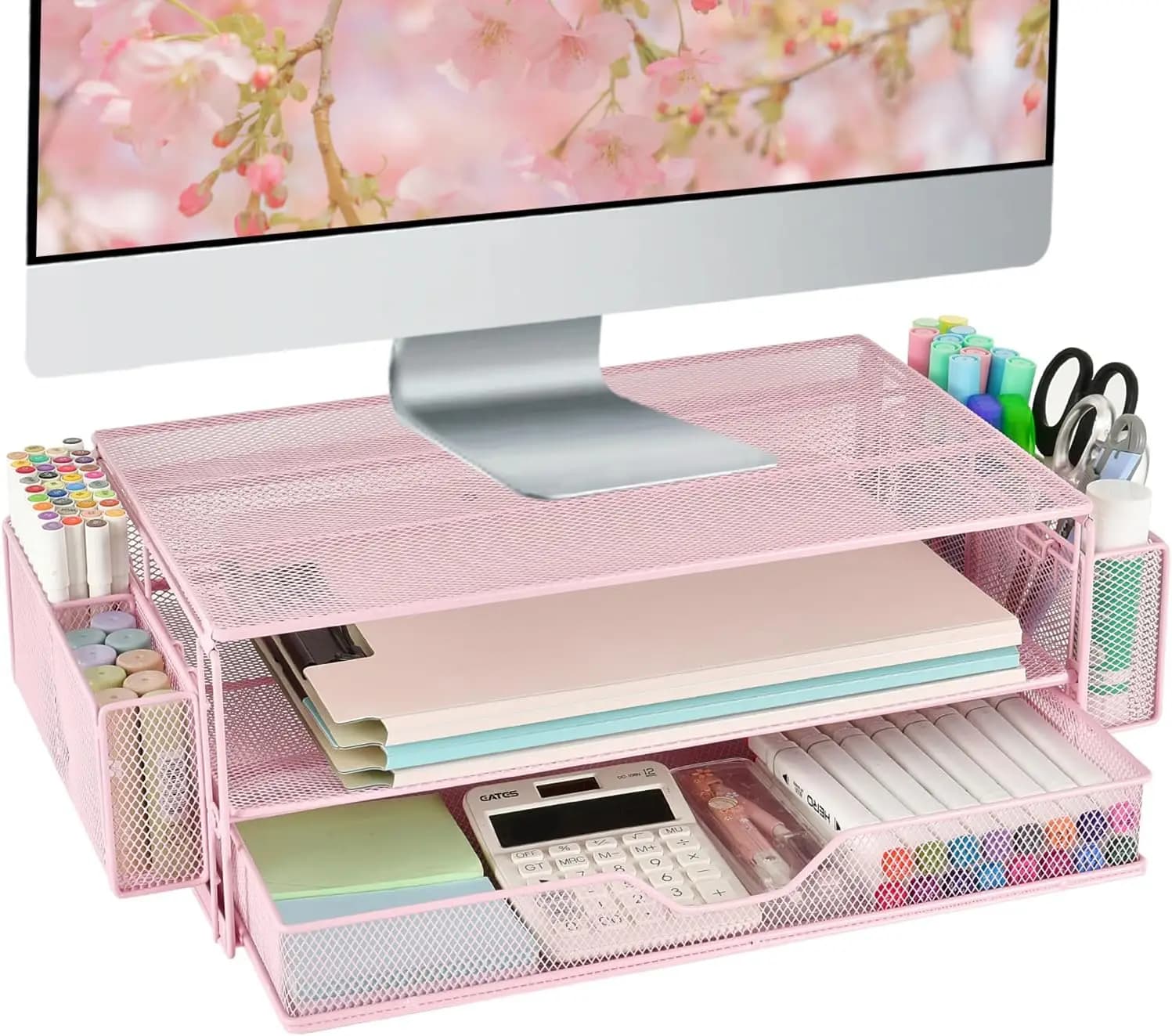 Desk Organizer at 2 Levels with Drawers and Laptops, Ergonomic Support for Rose Office Post Monitor