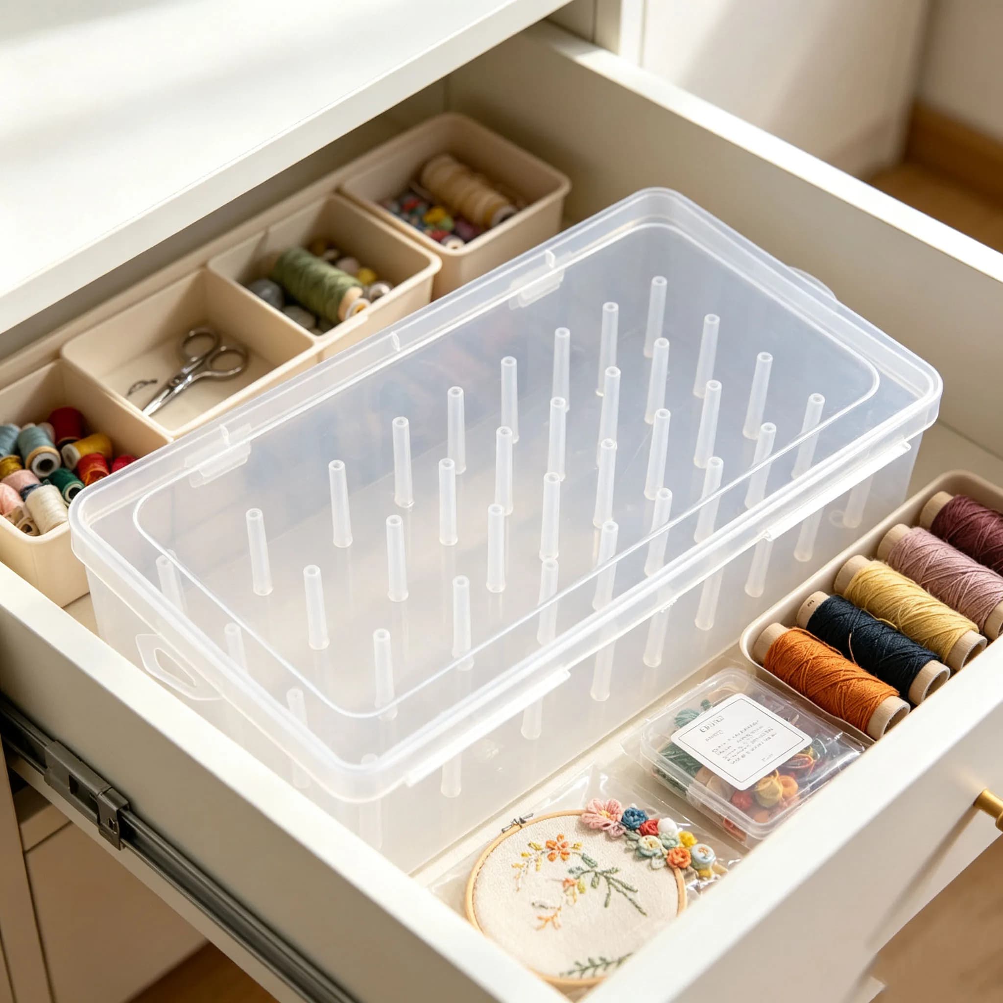 Thread Spool Organizer Box, Clear Plastic Floss Holder with Pegs for Embroidery, Cross Stitch, Sewing & DIY Craft Thread Storage