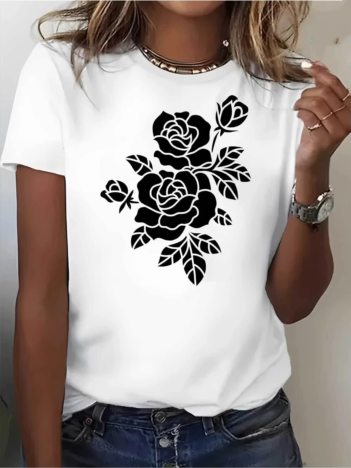 Comode magliette estive da donna, manica corta, girocollo, stampa di rose in bianco e nero, abbigliamento casual estivo streetwear Y2K
