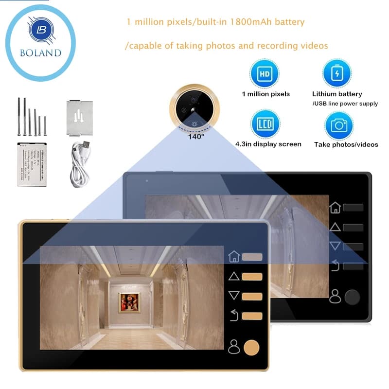 Nuovo spioncino da 4,3 pollici 140 ° Videocitofoni intelligenti Visualizzatore porta Telecamera Monitor di sicurezza Campanello visivo HD 1080P