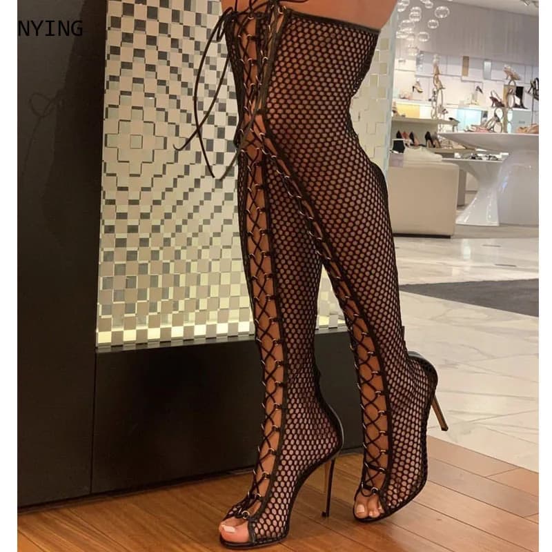 2026 Women Black Fishnet Mesh Open Toe Stiletto Heel Thigh High Boots, Front Lace Up Hollow Out Over The Knee High Heels 44