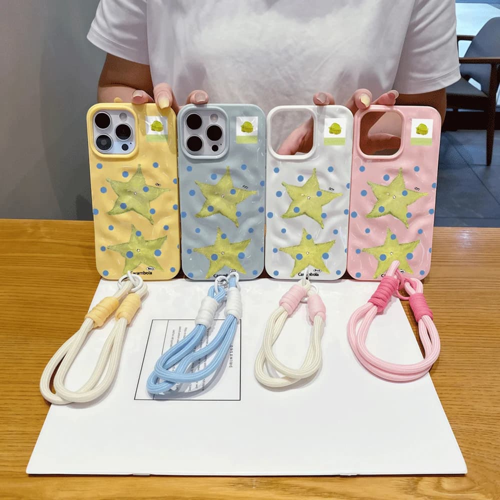 Blue Polka Dot Starfruit Macaron Lanyard Phone Case For iPhone 17 Air 16 15 14 13 12 11 Pro Max Shockproof Wrinkle Texture Cover