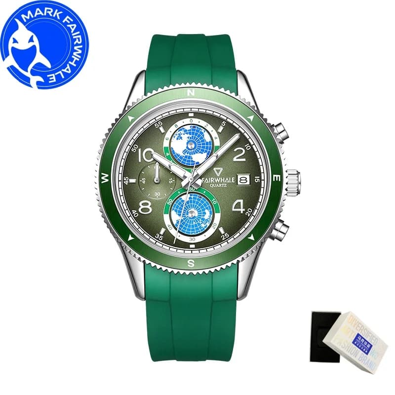 MARK FAIRWHALE Men's Watches 5730 Quartz Wrist Watch with terrestrial dial Sports chronograph with silicone strap Waterproof men's watch Gift box