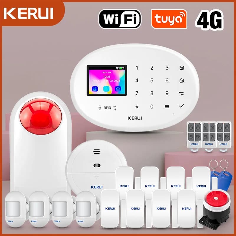 KERUI WiFi GSM 4G Kit allarme domestico wireless Tuya Sistema di allarme intelligente W204 per la sicurezza domestica con sensore di movimento Sirena rilevatore di fumo