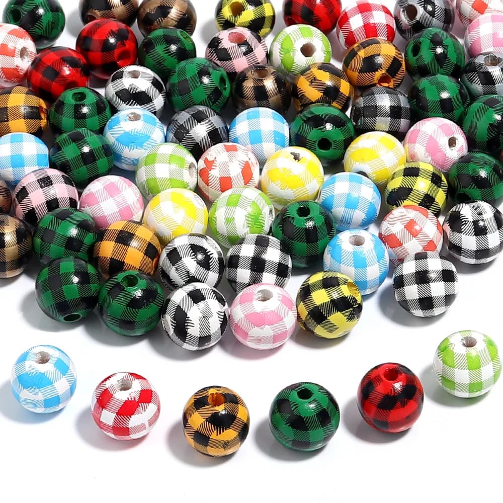 20 pz colorato motivo a scacchi palline rotonde perline di legno per gioielli che fanno perline distanziali allentate bracciali fai da te Clip ciuccio Acc