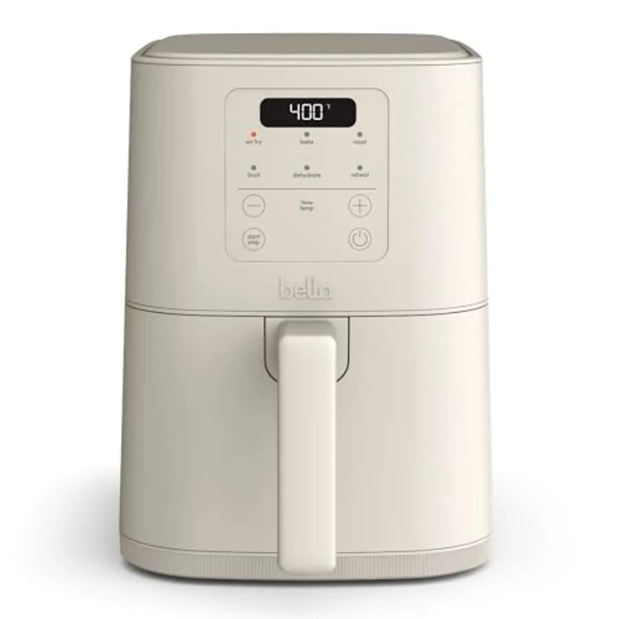Friggitrice ad aria sottile da 4 litri per cucine compatte, rivestimento antiaderente in ceramica, colore latte d'avena, design salvaspazio con 6 preimpostazioni e spegnimento automatico