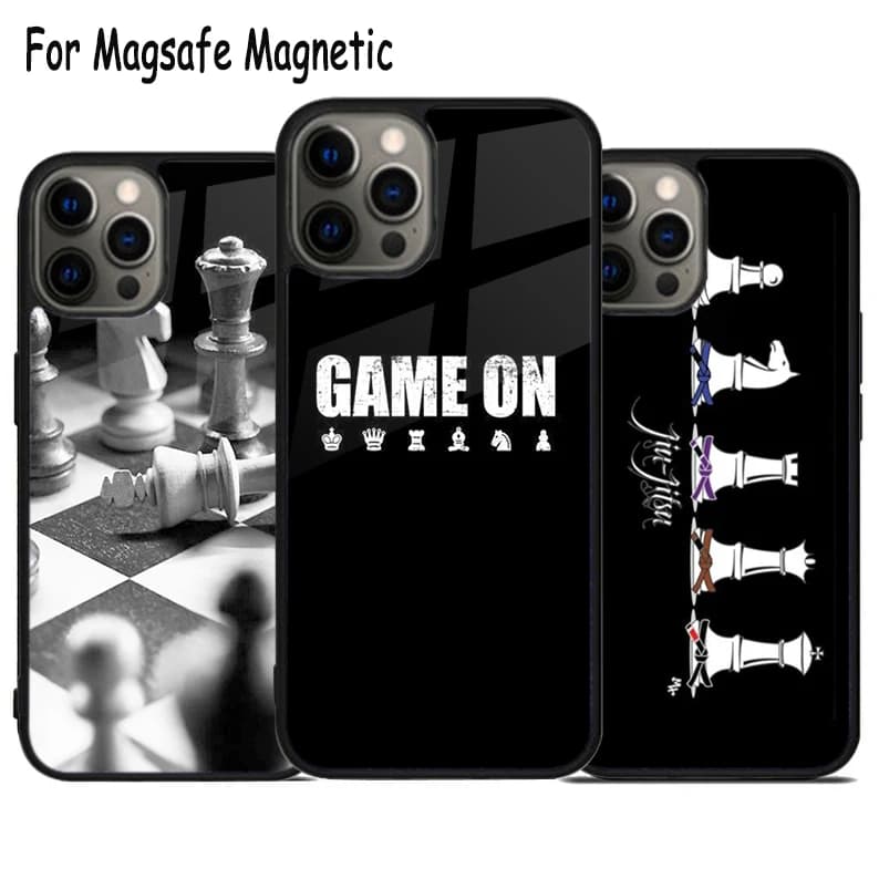 Custodia per telefono CHESS CHECK MATE con ricarica wireless per iPhone 17 Air 15 16 16e 14 13 11 12 Pro Max Plus, Cover magnetica Magsafe con paraurti