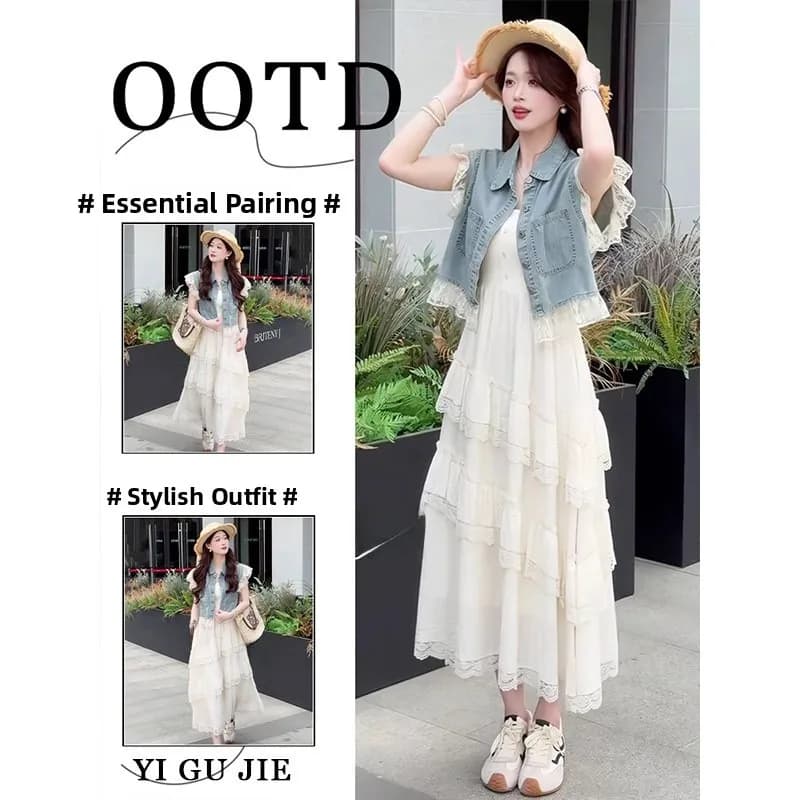 Summer 2026 Women's Denim Vest And Halter Dress Two-Piece Set Casual Style Long Sleeve Flip Collar Fashionable Design