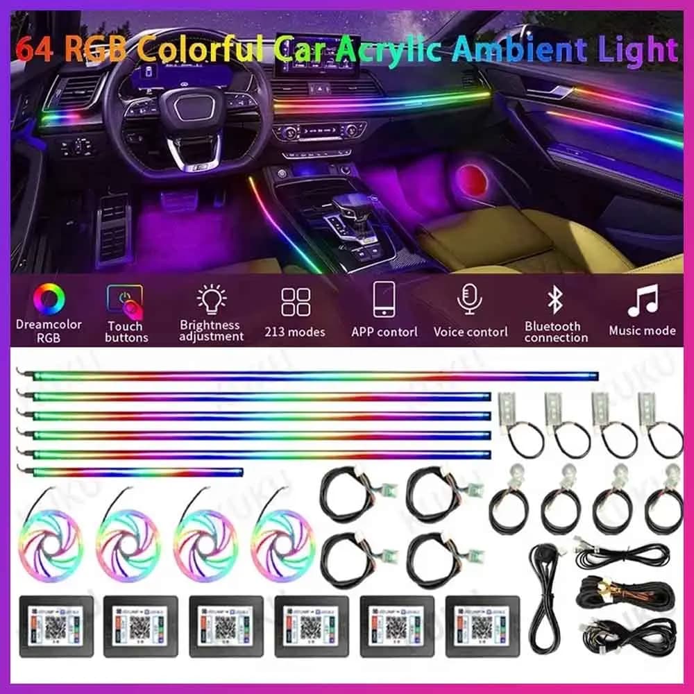 Kit di illuminazione ambientale a LED per auto Luci d'atmosfera colorate universali in acrilico 64 Illuminazione RGB Controllo app per interni auto con striscia al neon