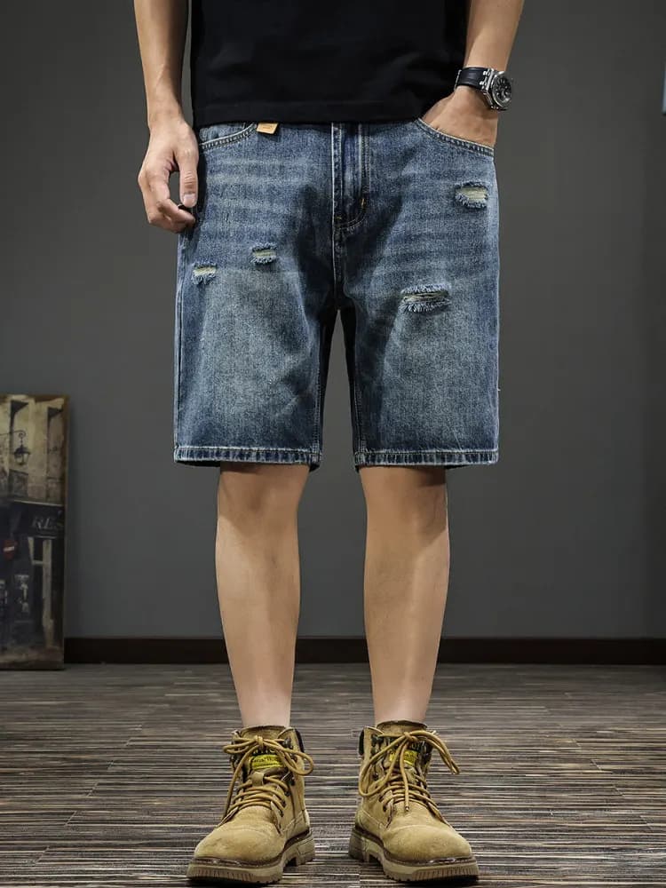 American Style Vintage Ripped Denim Shorts Men's New Summer Trendy Loose Casual Straight Five-Point Pants Youth Zipper Closure