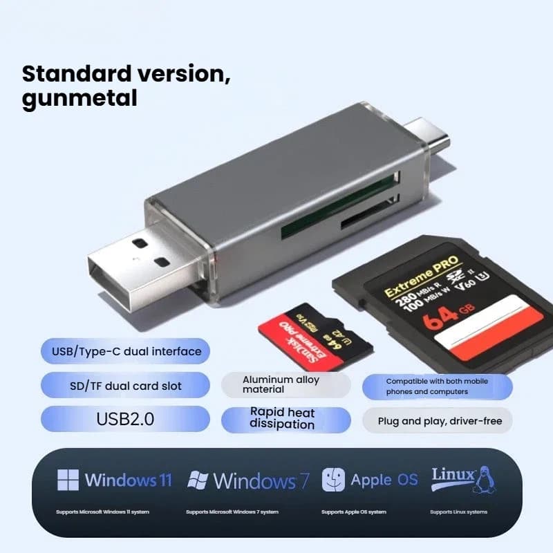 Lettore di schede SD/TF a doppia porta (tipo C/USB 2.0) - Supporto da 2 TB, velocità 5 Gbps, Plug & Play per telefono/PC/Mac
