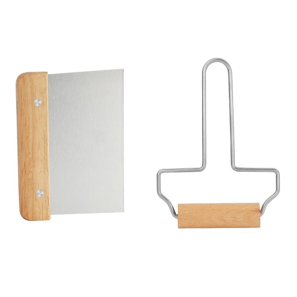Dough Cutter Rolling Pin Set 2 Piece Stainless Steel Pizza Cutter Wood Roller for Bread Pastry Baking