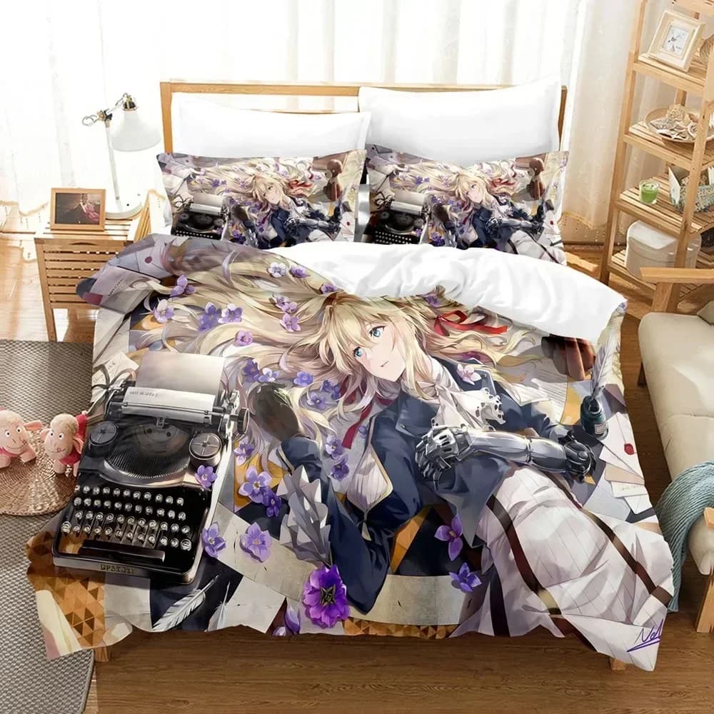 Set di biancheria da letto con stampa Anime The Violet Evergarden, copripiumino, federa, lenzuola, copriletto, misure Full, Queen, King