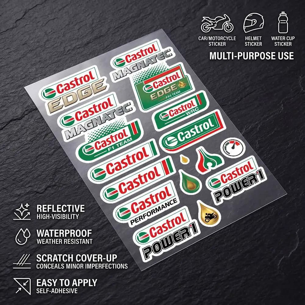 Adesivi Riflettenti Impermeabili Multiuso Universali Castrol per Auto, Bici, Casco, Tazza, Frigorifero - Decorazione e Copertura Graffi