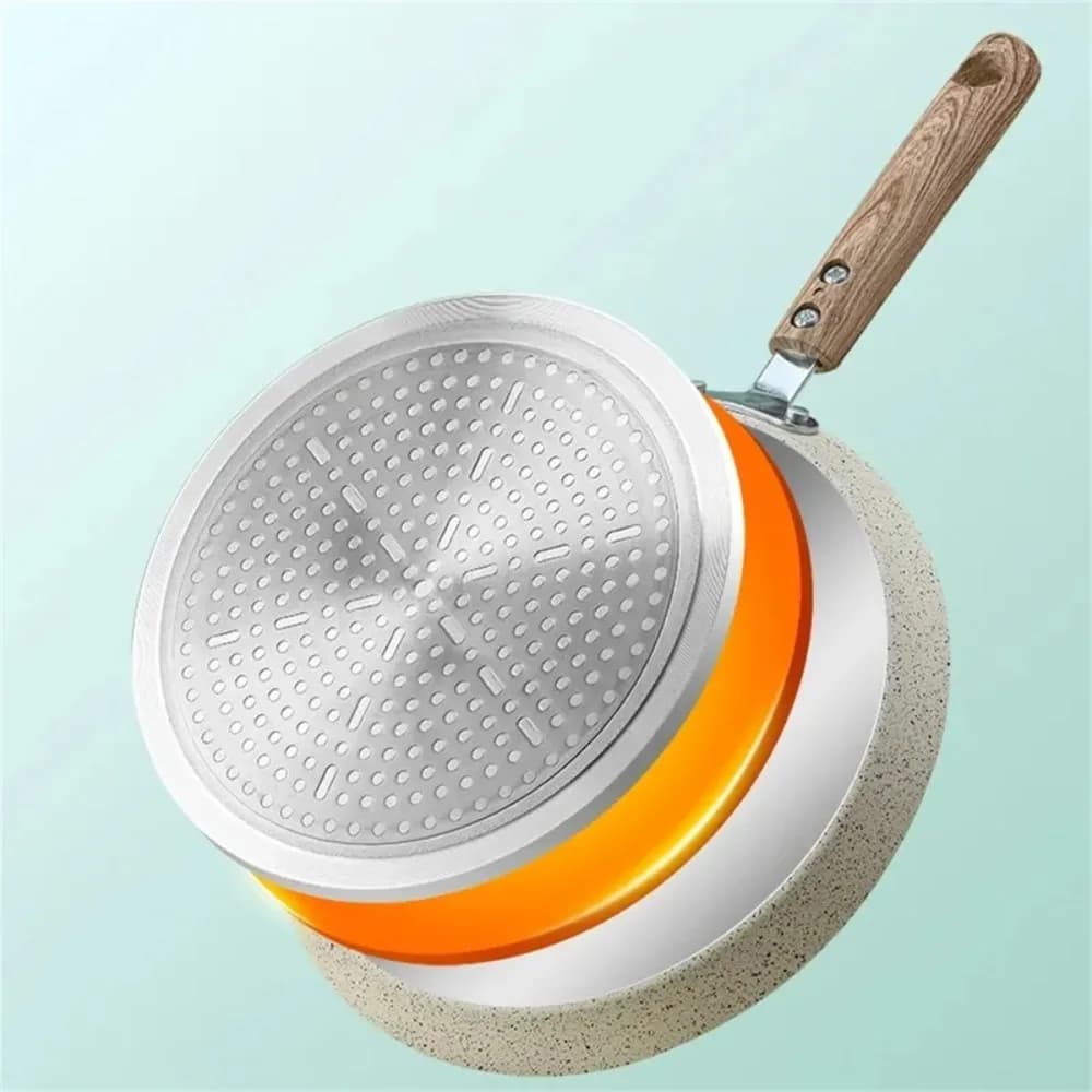 Anti-adhesive pan for Steaks and Crepes 6/8/10 Inches with Handle in Wood, Beige Aluminum Plate for Omelet and Breakfast