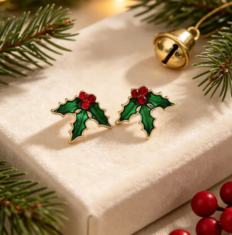 Gold Green Enamel Holly Leaf Stud Earrings With Red Berry Christmas Plant Ear Studs Women Holiday Festive Winter Party Elegant Jewelry Gift
