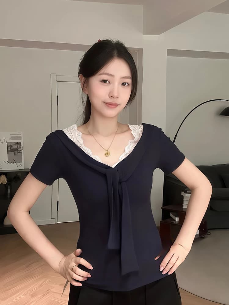 Pure Desire Spicy Girl V-neck Lace Patchwork Short-sleeved T-shirt Women's Summer New Belt Design Shoulder Small Audience Top