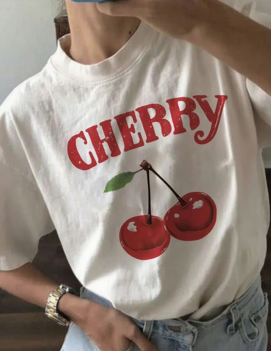 T-shirt moda donna con stampa ciliegia O-Collo Top Tees Grafica floreale Manica corta Abbigliamento Donna Casual Streetwear