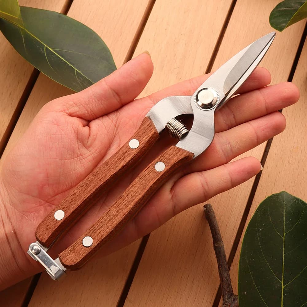 19 Cm Straight-Blade Solid Wood Garden Pruning Shears – Manganese Steel Fruit-Picking & Grafting Scissors with Non-Slip Handle