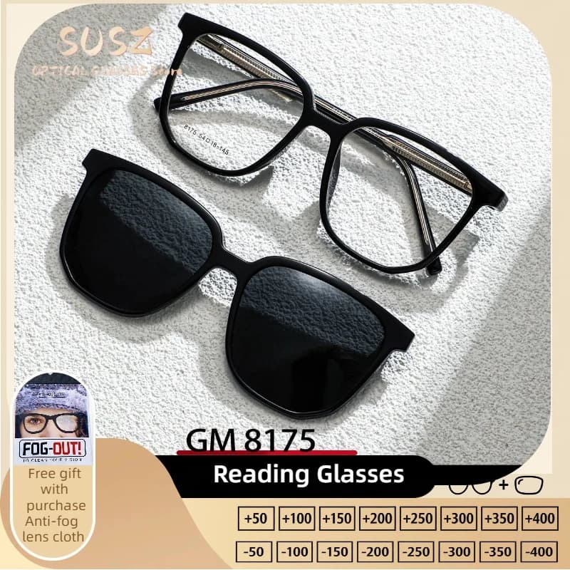 SUSZ Polarized Sunglasses with Square Magnetic Clip, Blue Anti Light Eyelets for Women, Outer Miopia Eyelets
