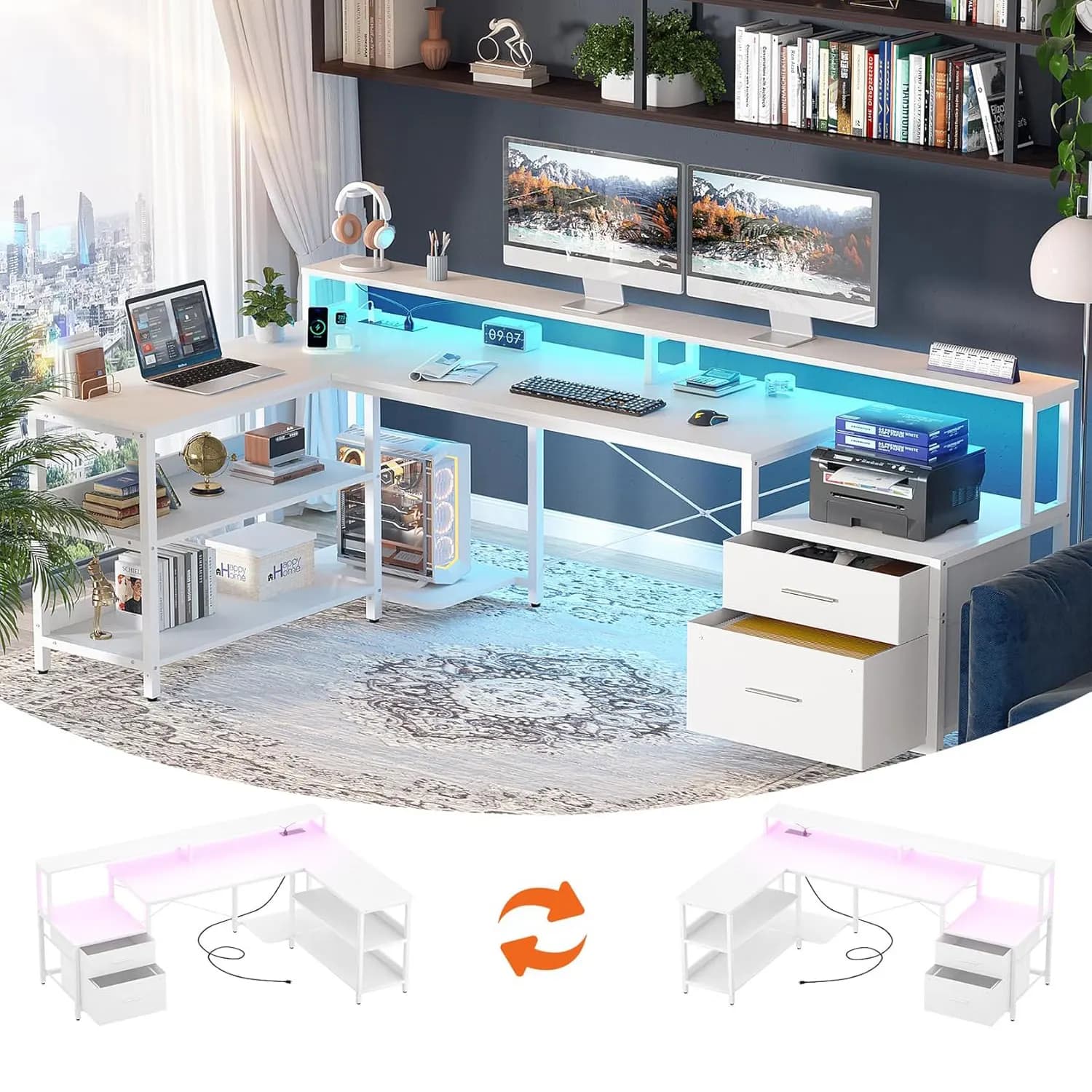 L desk with power outlet, L-shaped reversible computer desk with document drawer and monitor support, LED strip play desk