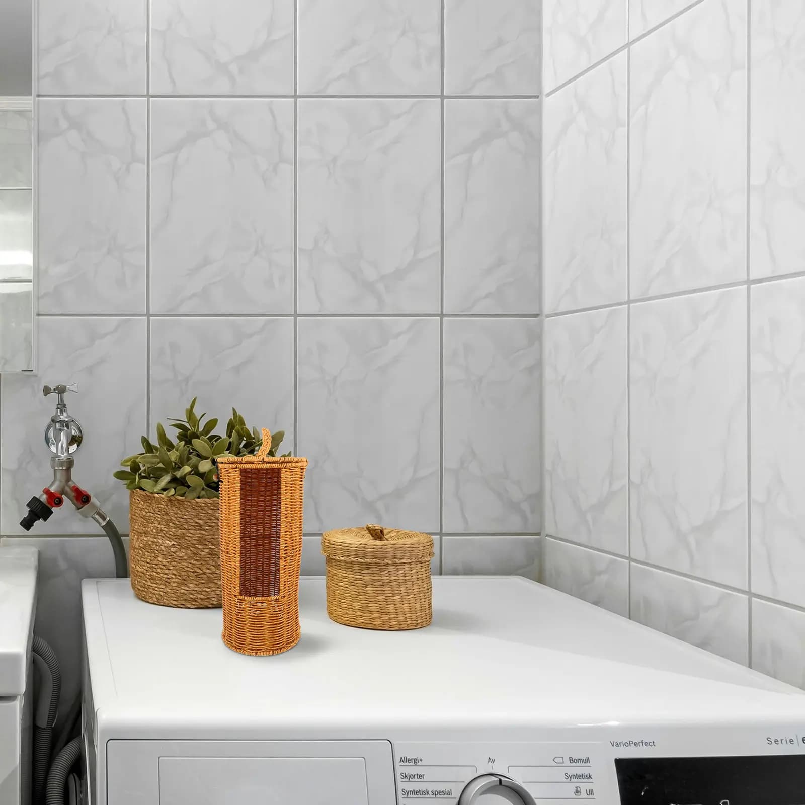 Toilet Paper Storage Basket Plastic Rattan Cylinder Holder Lid Space Saving Organizer for Hotel Towel Tissue 14.82x7