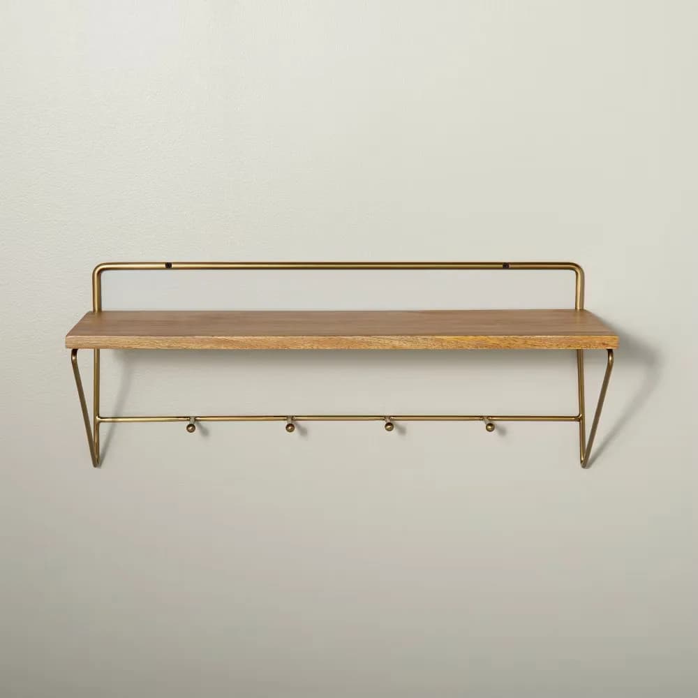 Mensola da parete in legno e ottone da 24 pollici con ganci - Hearth & Hand