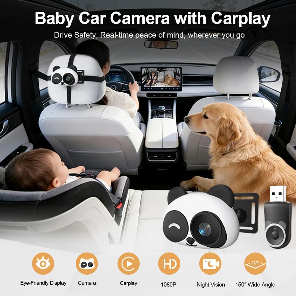 Telecamera per Auto Cabin Care Baby con Adattatore Wireless Carplay 1080P 150 ° Monitor per sedile posteriore con visione notturna grandangolare, facile da installare