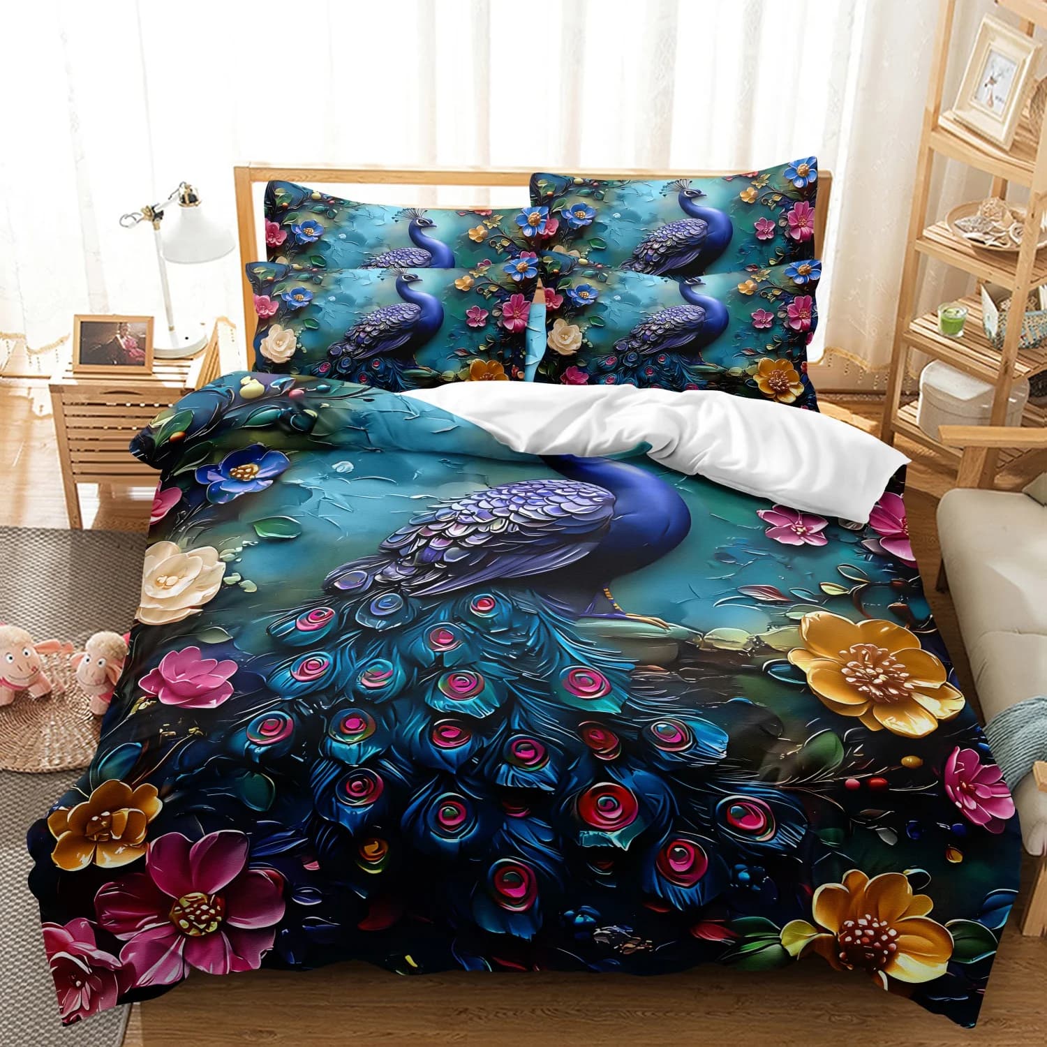 Vibrant Peacock Flower Print Duvet Cover Set, 3 Pieces Dark Teal Iridescent Peacock Tail Floral Tropical Art Pattern Bedding