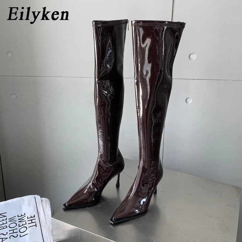 Eilyken Moda Stivali sopra il ginocchio da donna in pelle verniciata sexy Moda Punta a punta Zip Stiletto Tacchi sottili Scarpe alte alla coscia lunga