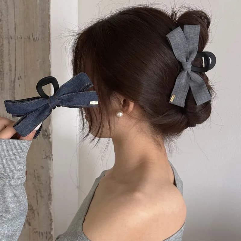 Nuova fermaglio per capelli in denim con fiocco, grande clip a squalo per l'attaccatura, accessorio elegante per capelli in denim a forma di artiglio di squalo