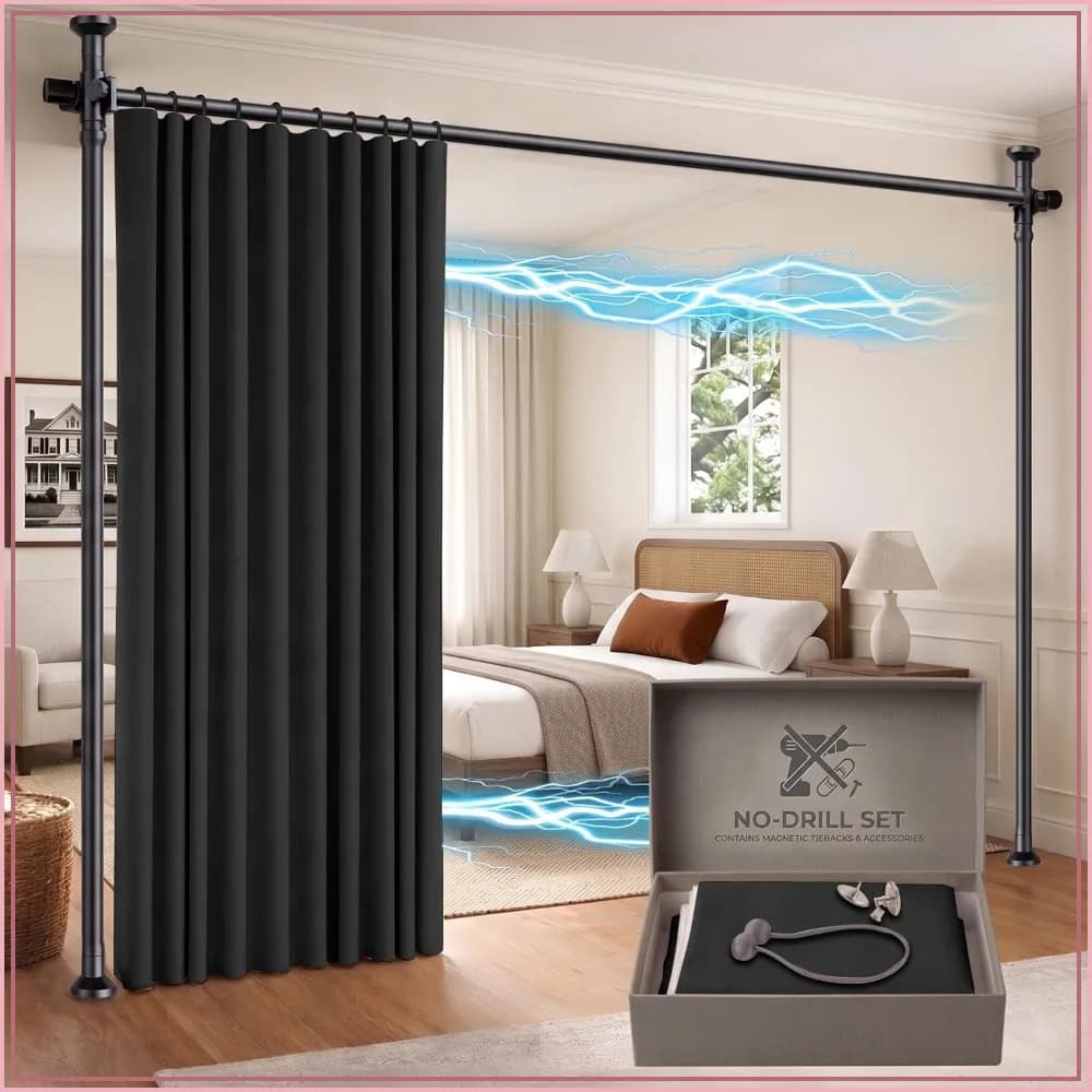 No-Drill Room Divider Curtain Set with Retractable Rod, Blackout Privacy for Bedroom, 100x84 Inches