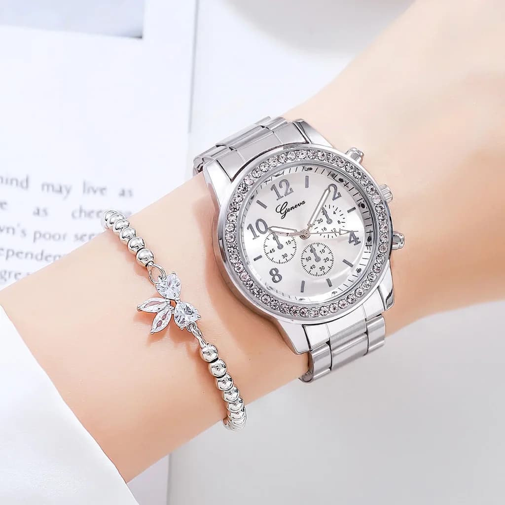 1/2 Pieces Fashionable Women's Watch, Pink Gold Bracelet Set, Women's wrist watches, Stainless Steel Strap Silver, Female Quartz Watch