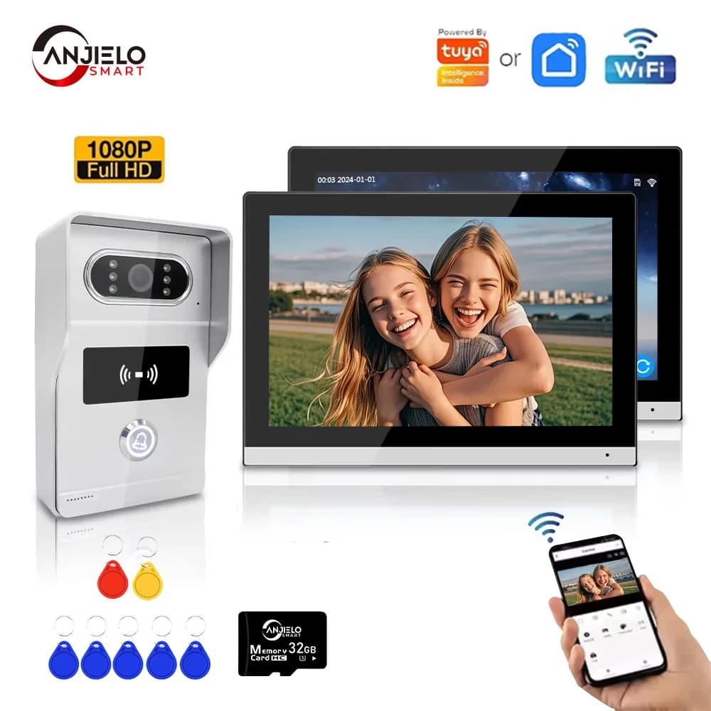 ANJIELO Videocitofono con Schermo Touch da 10 Pollici, Sistema Tuya APP, Campanello WiFi POE 2MP, Controllo Accessi RFID per Sicurezza Domestica e Villa