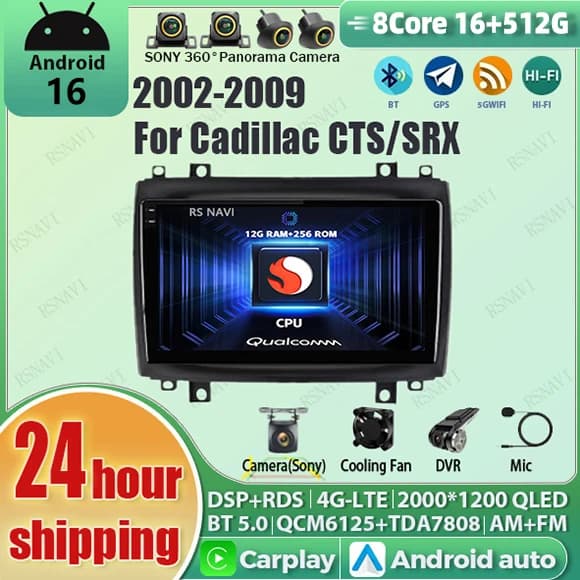 Autoradio Android 16 Carplay Auto Qualcomm con schermo QLED 2K per Cadillac CTS 2002-2007 SRX 2003-2009 GPS Wifi Multimedia