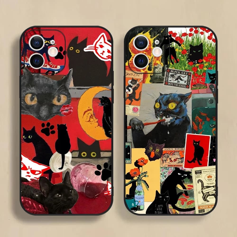 Divertente Cover per iPhone a Forma di Gatto Nero Cartoon, Compatibile con iPhone 17 16 15 14 13 12 11 Pro Max Mini SE 7 8 Plus 17E, Custodia Morbida Antiurto in Silicone