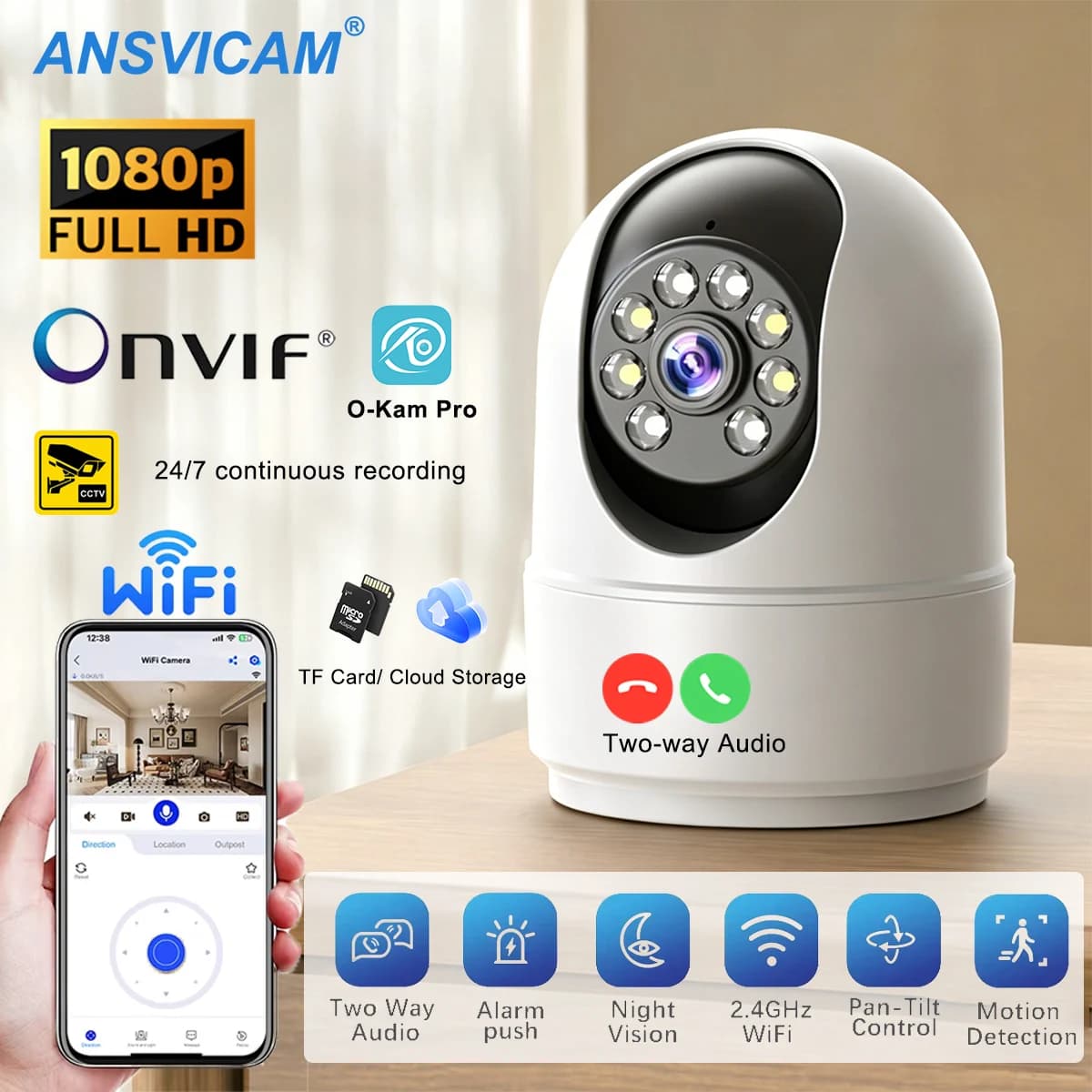 360 ° Telecamera PTZ per Cani - WiFi 2.4GHz per Interni, Audio Bidirezionale, Visione Notturna, App per Smartphone, Monitor per Bambini e Casa