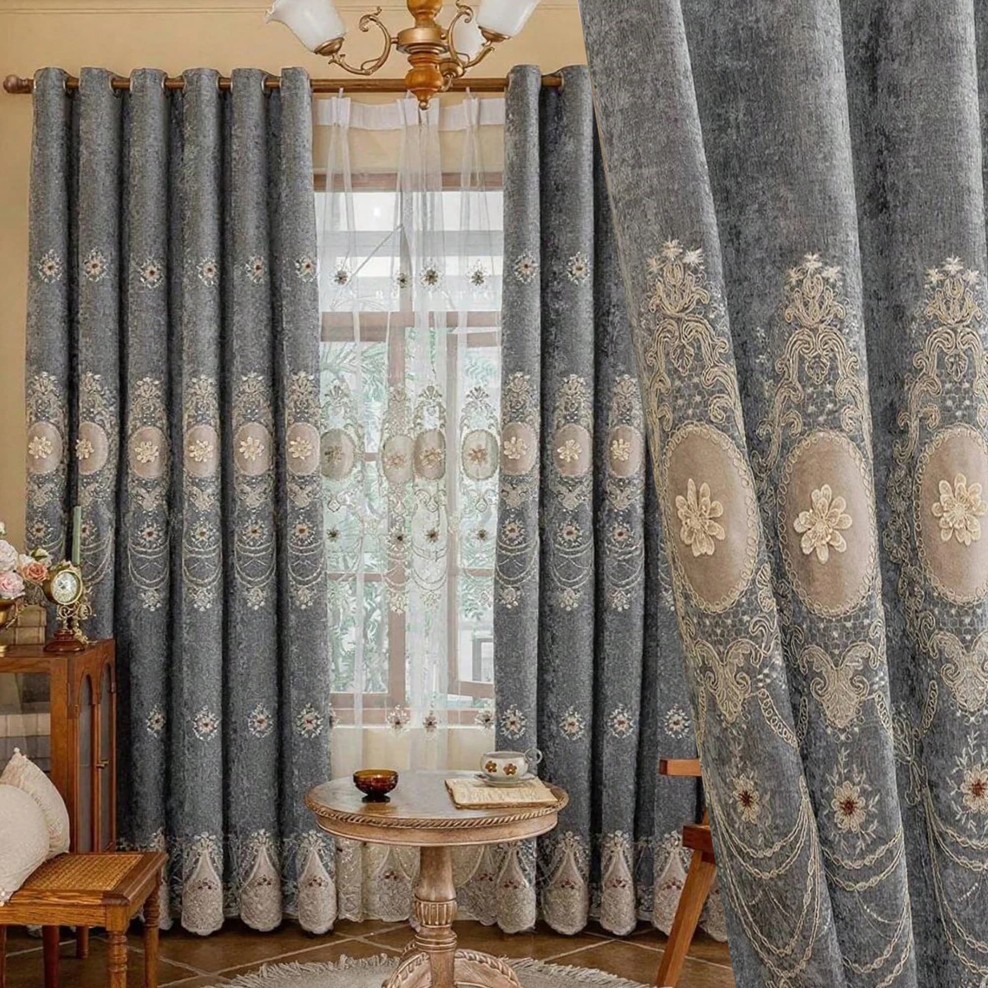 1pc chic european style flower curtains, embroidered curtains with light block for living room, bedroom, high-end home decorations